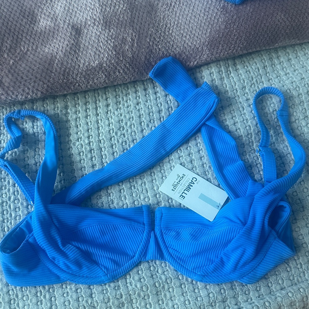 Camille Kostek Blue Ribbed Swim top